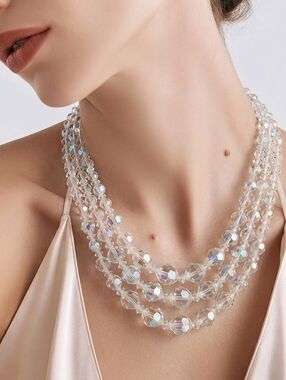 🆕️ White Mystic Color Glass Beaded 3 Row Necklace (20-22 Inches) in Silvertone